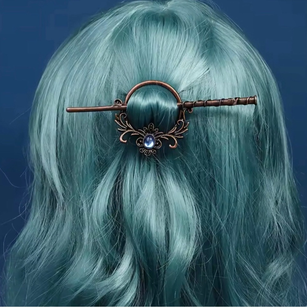 Vintage Bronze Hair Stick with Blue Gem - Women Accessories
